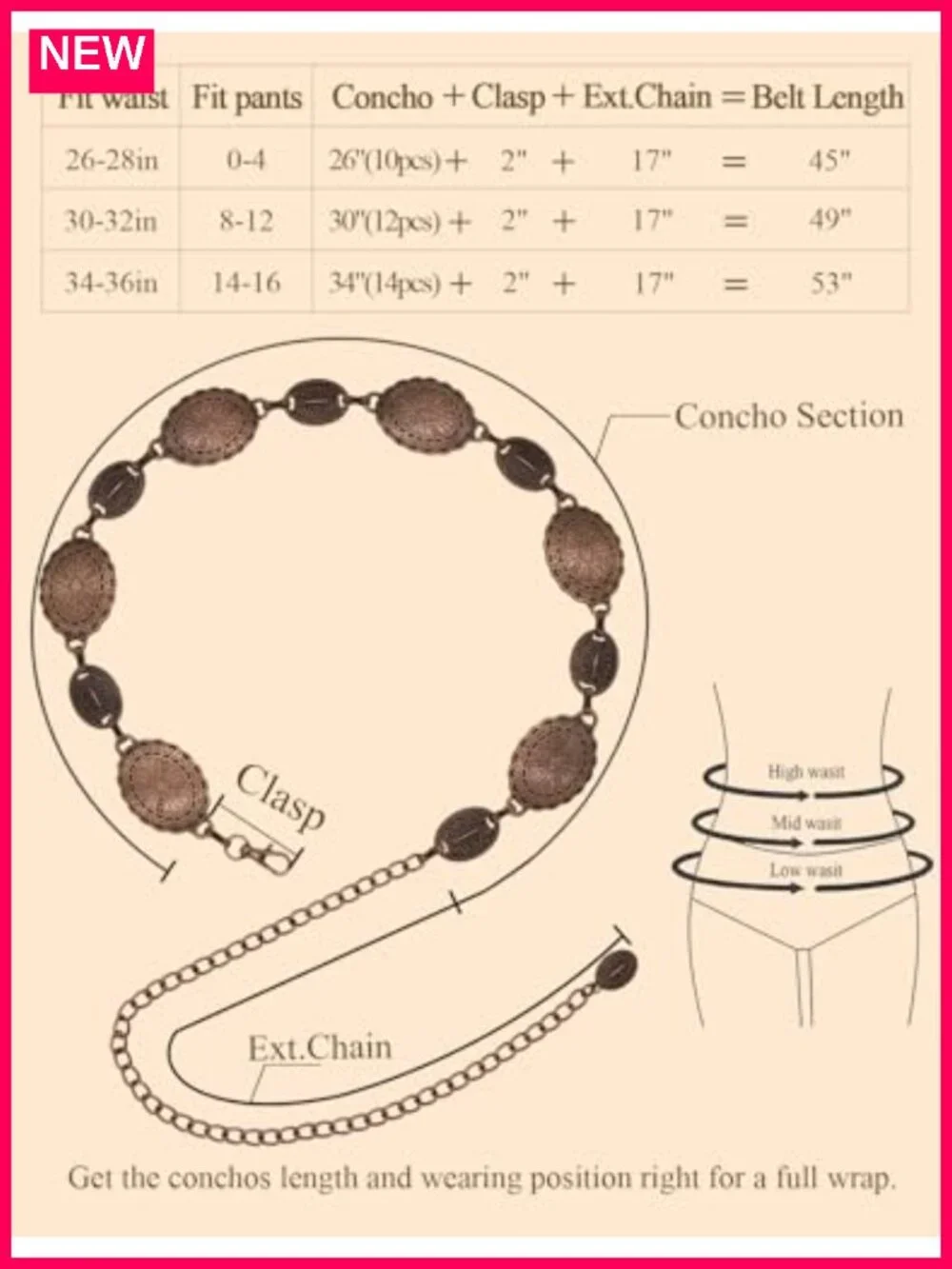 Western Concho Belt for Women Cowgirl Chain Belt With Metal Conchos